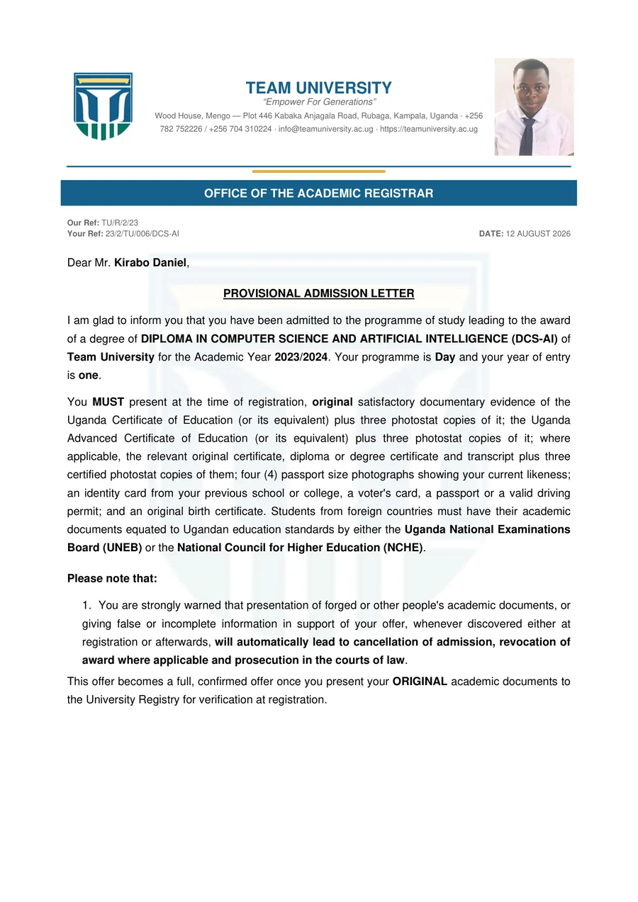 An admission letter naming the programme, intake and reporting date.