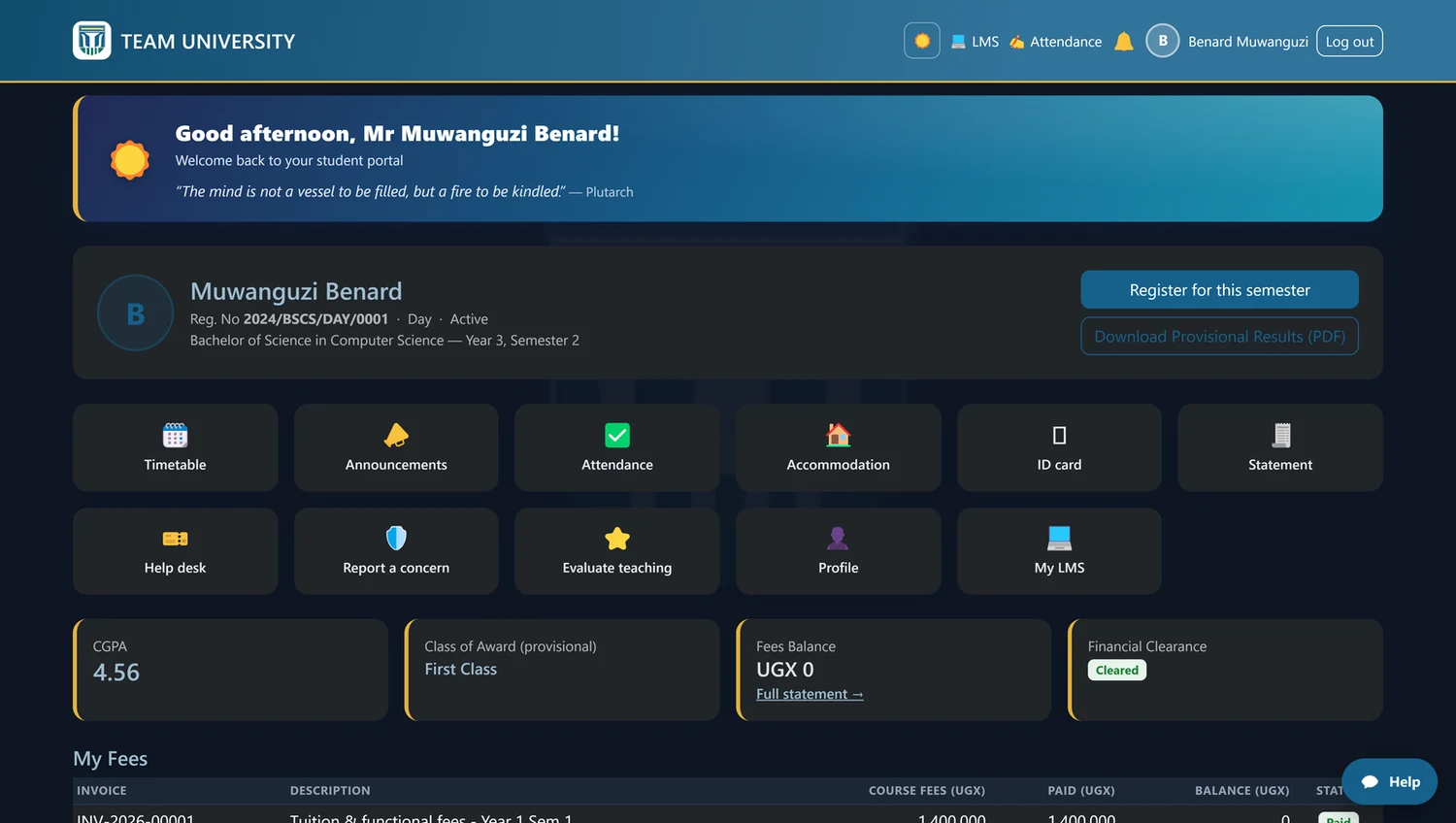 The student portal: CGPA, class of award, fees balance, clearance and shortcuts to the timetable and ID card.