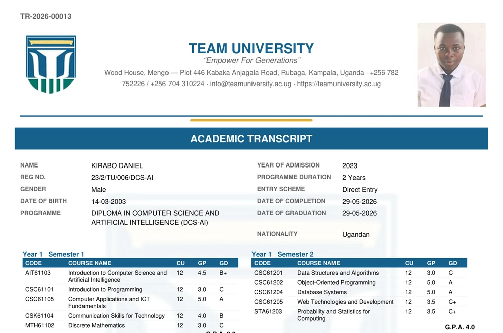 The head of an official transcript: crest, student photograph, programme and semester results.