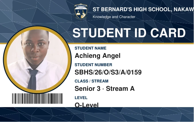 A St Bernard's High School student ID card in the school's navy.