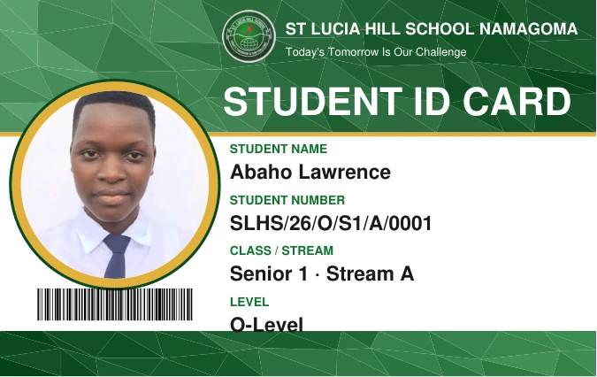A St Lucia Hill School student ID card in the school's green and gold.