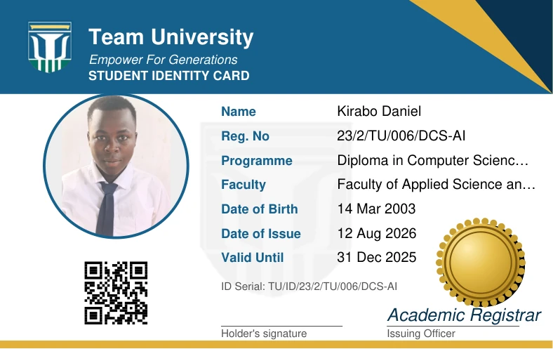 A Team University student ID card in the university's blue, with a QR code and registrar's seal.