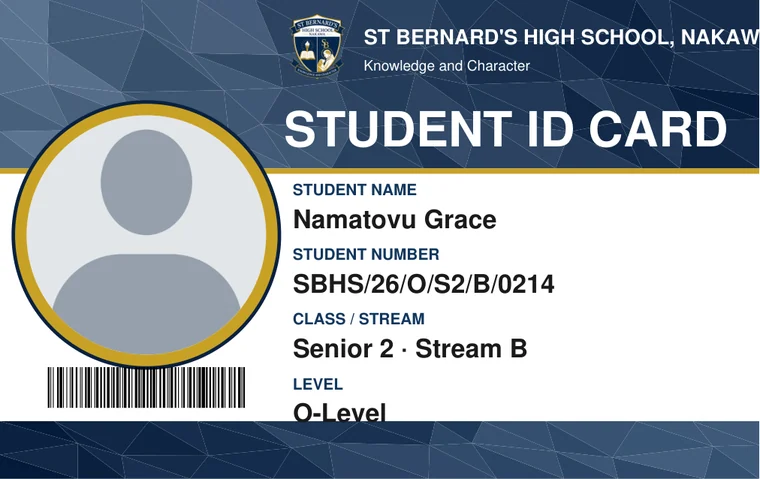 A demo student ID card of St Bernard's High School, printed by the system.
