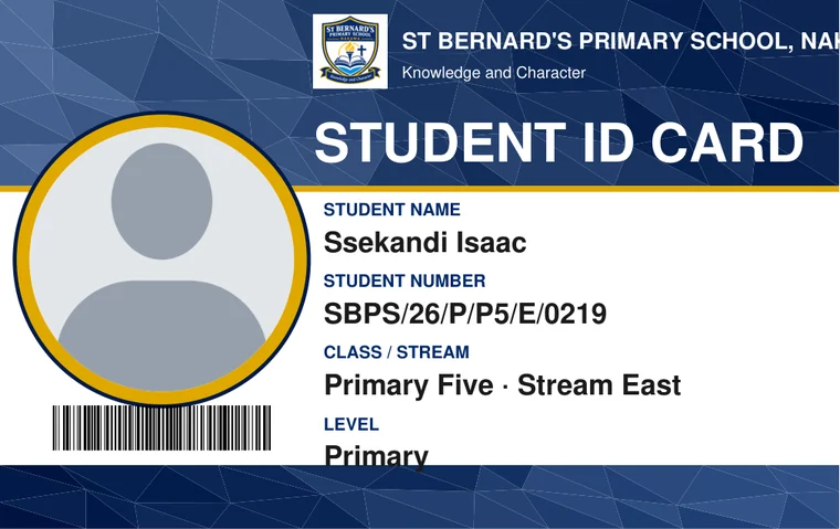 A demo student ID card of St Bernard's Primary School, printed by the system.