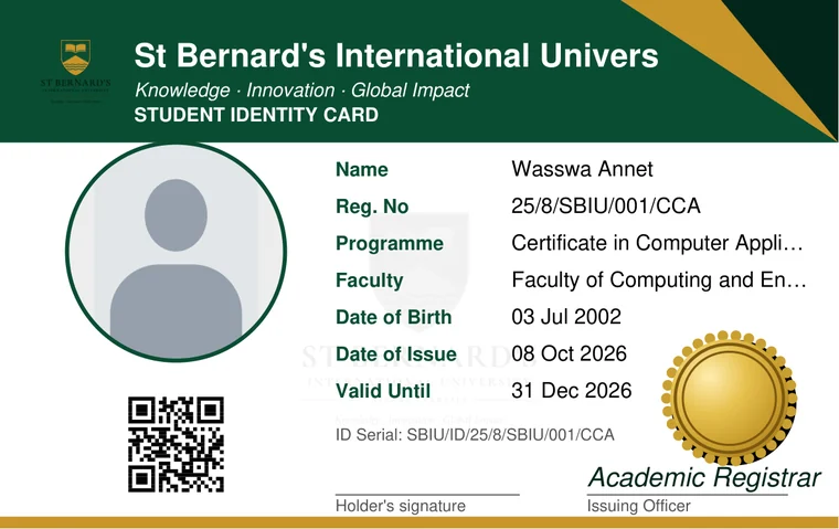 A demo student identity card of St Bernard's International University, printed by the system.