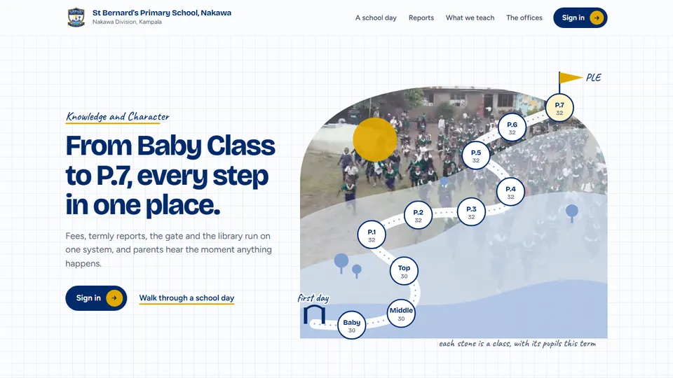 The homepage of the St Bernard's Primary School demo.