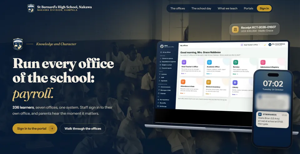 The homepage of the St Bernard's High School demo.