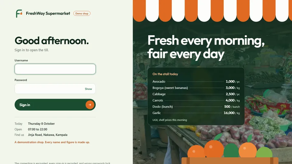 The sign-in page of the FreshWay Supermarket demo.