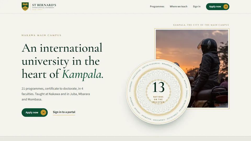 The homepage of the St Bernard's International University demo.