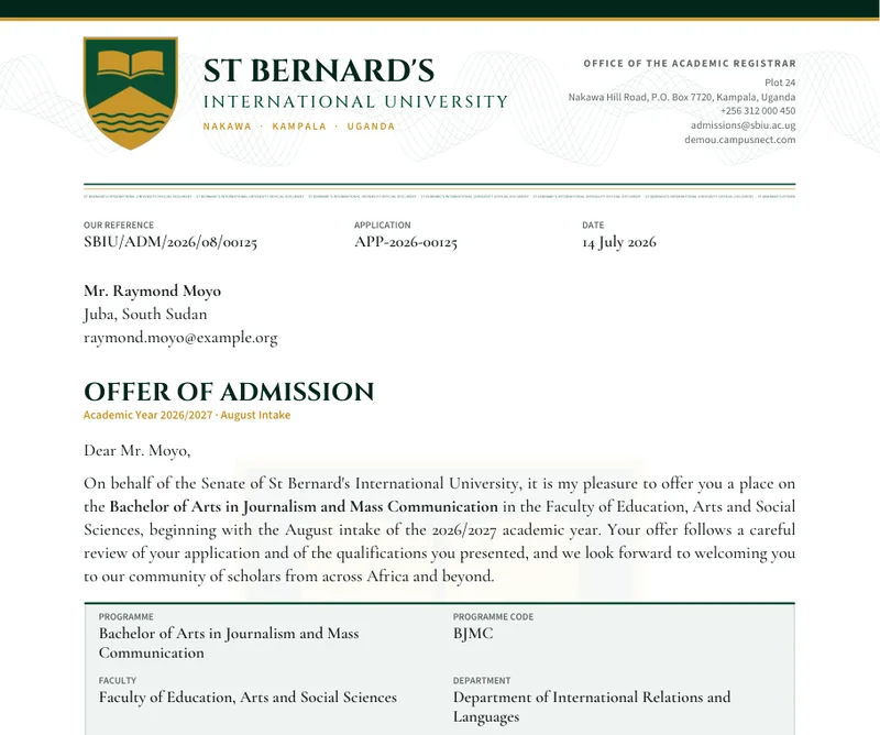 An offer of admission from the St Bernard's International University demo.