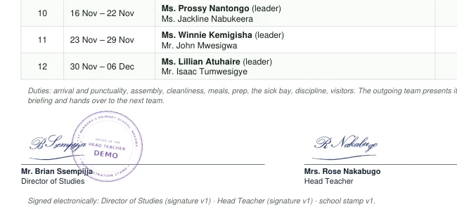 The end of a teachers on duty roster, signed by the Director of Studies and the Head Teacher and pressed with the school stamp.