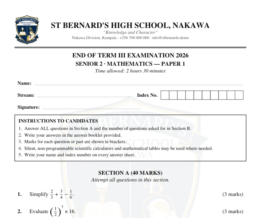 An end of term mathematics paper from the St Bernard's High School demo, typeset on the school's headed paper.
