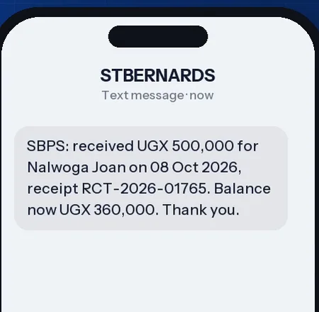The text a parent receives when fees are paid, with the receipt number and the balance.