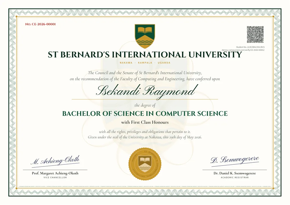 A degree certificate from the St Bernard's International University demo, with its serial number and QR code.